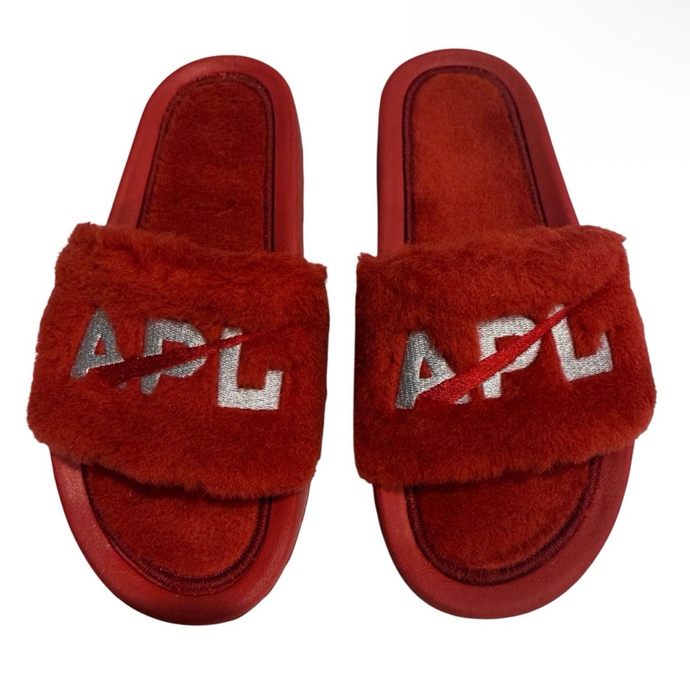 NEW APL Red Shearling Fur Silver Logo Slides Size 6 - Picture 2 of 11